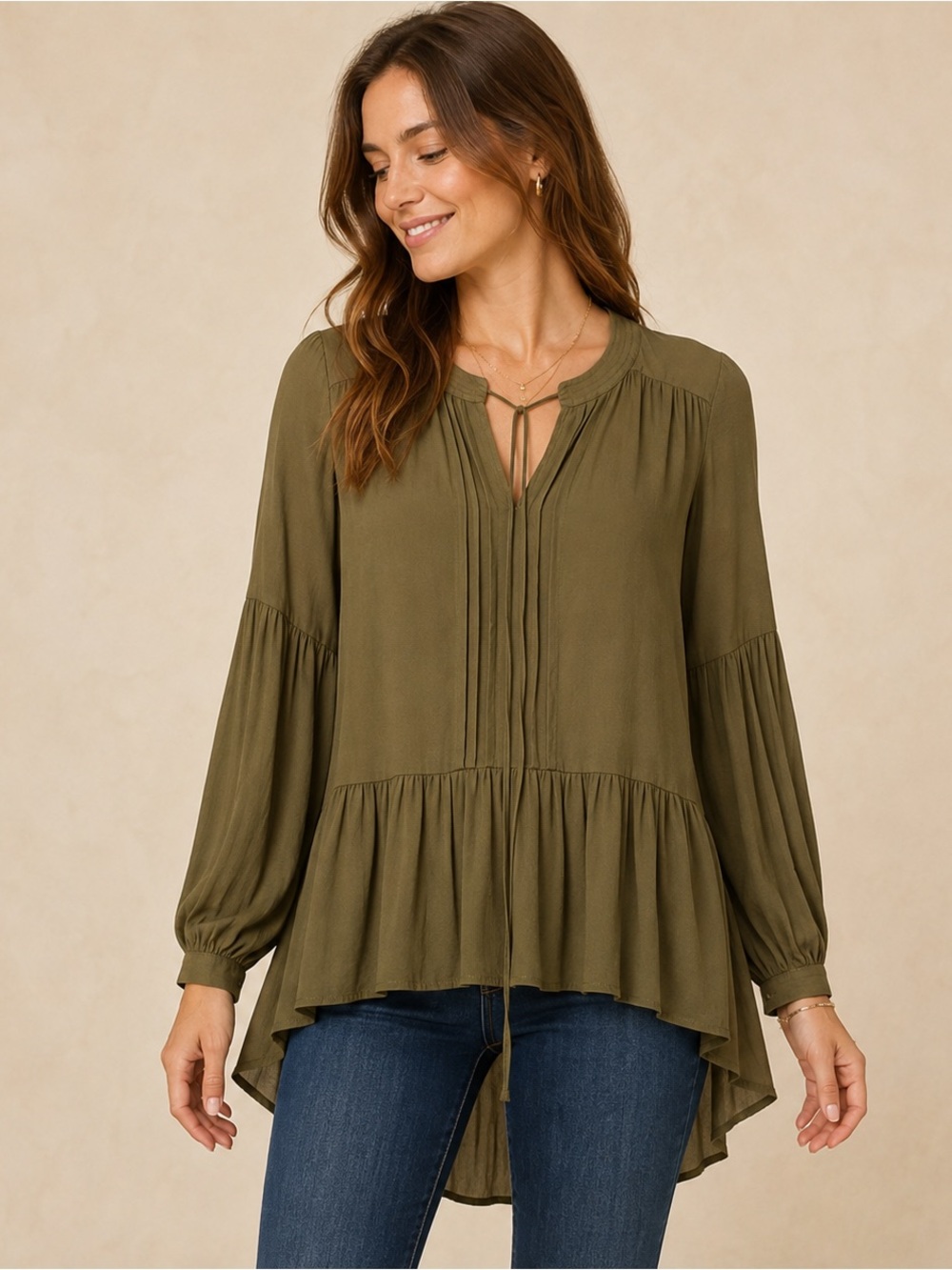 RO & DE Olive Green Boho Peasant Ruffle High Low Blouse Top Small